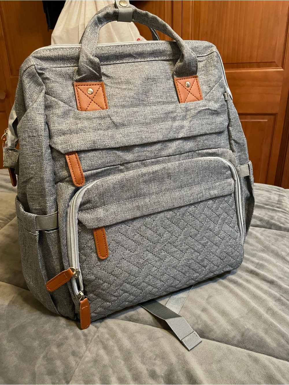 Gray Quilted Canvas Diaper Backpack with Brown Trim- not used
